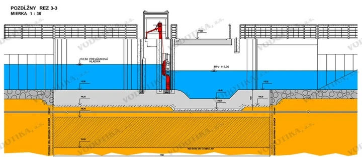 Stavidlo na sútoku kanálov S VII – A VII – Obr. 3 - pozdlzny rez