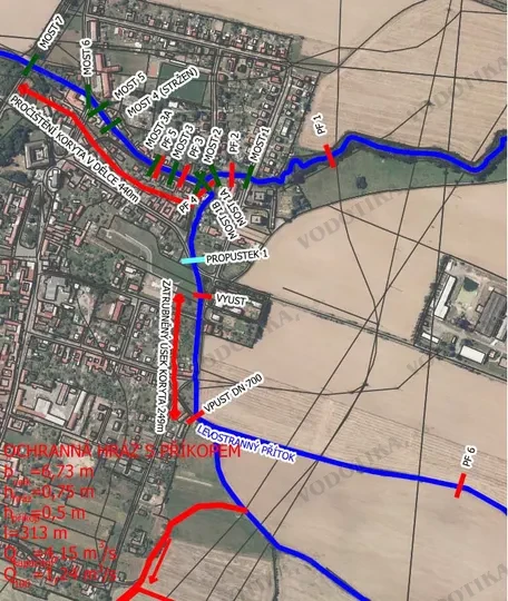 Hustopeče nad Bevčou – protipovodňová ochrana mestečka – Obr. 1 - mapa záujmového územia s vyznačenými profilmi