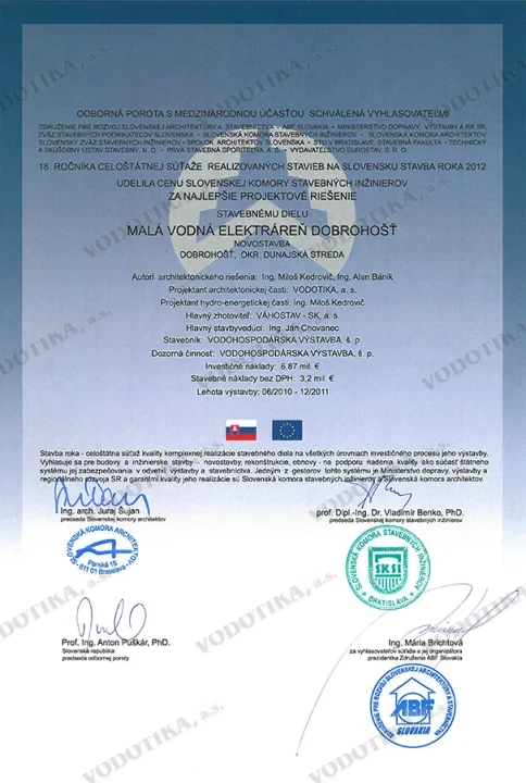 MVE Dobrohošť – Obr. 1 - ocenenie